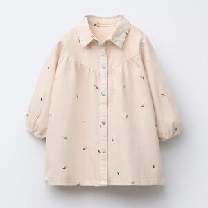 Zara Cream Button-Front Floral Shirt Dress with Yellow Embroidery, 2T
